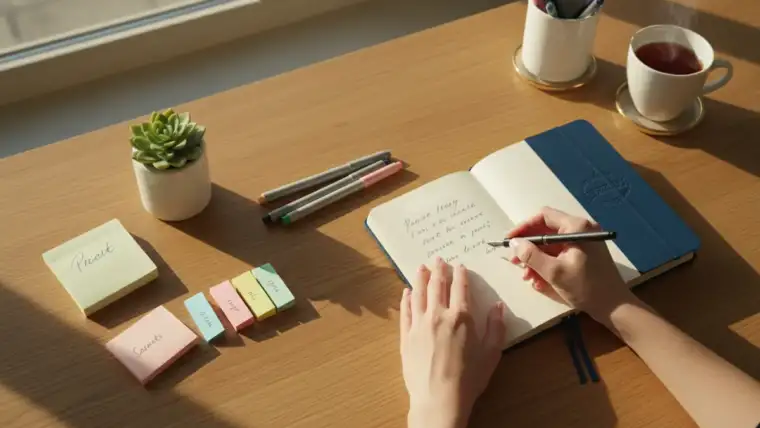 Femme organisant sa liste de choses à faire avec méthode Lutetia Flaviae sur bureau